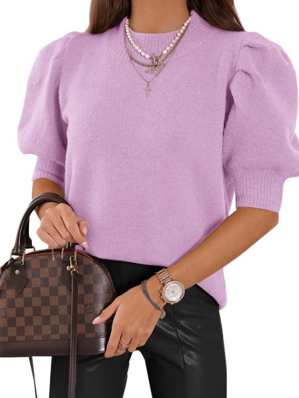 Trendy Women's Puff Sleeve Knit Sweater Top - Casual Crew Neck Pullover